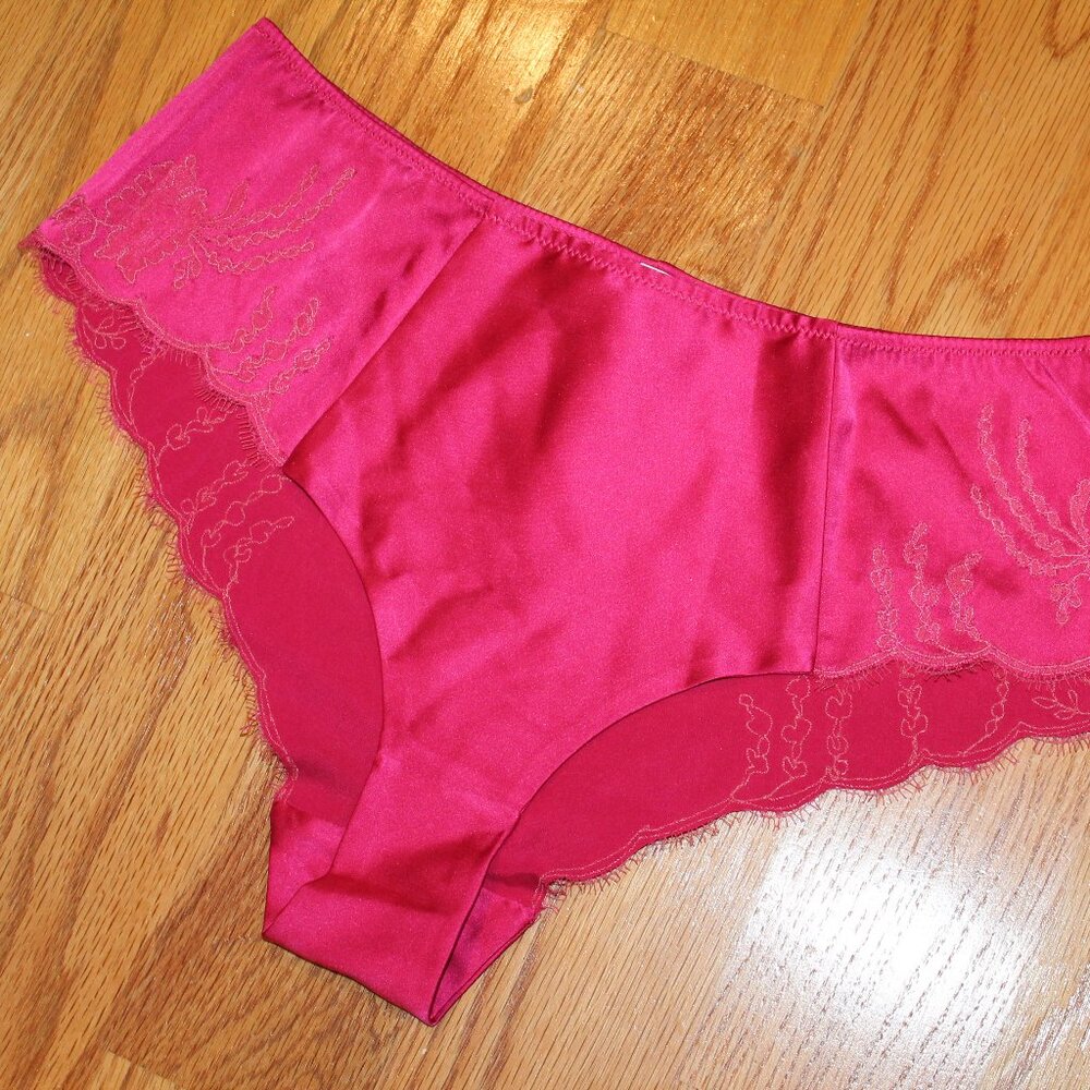Carine Gilson panty Medium hot pink Chantilly lace trim stretch silk satin NWOT - Picture 2 of 11